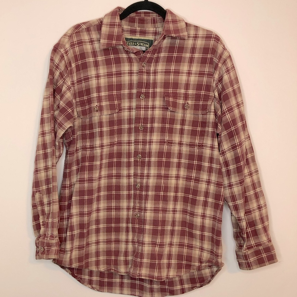 Field&Stream Men’s Medium Maroon Red and White Plaid Flannel Shirt With Buttons
